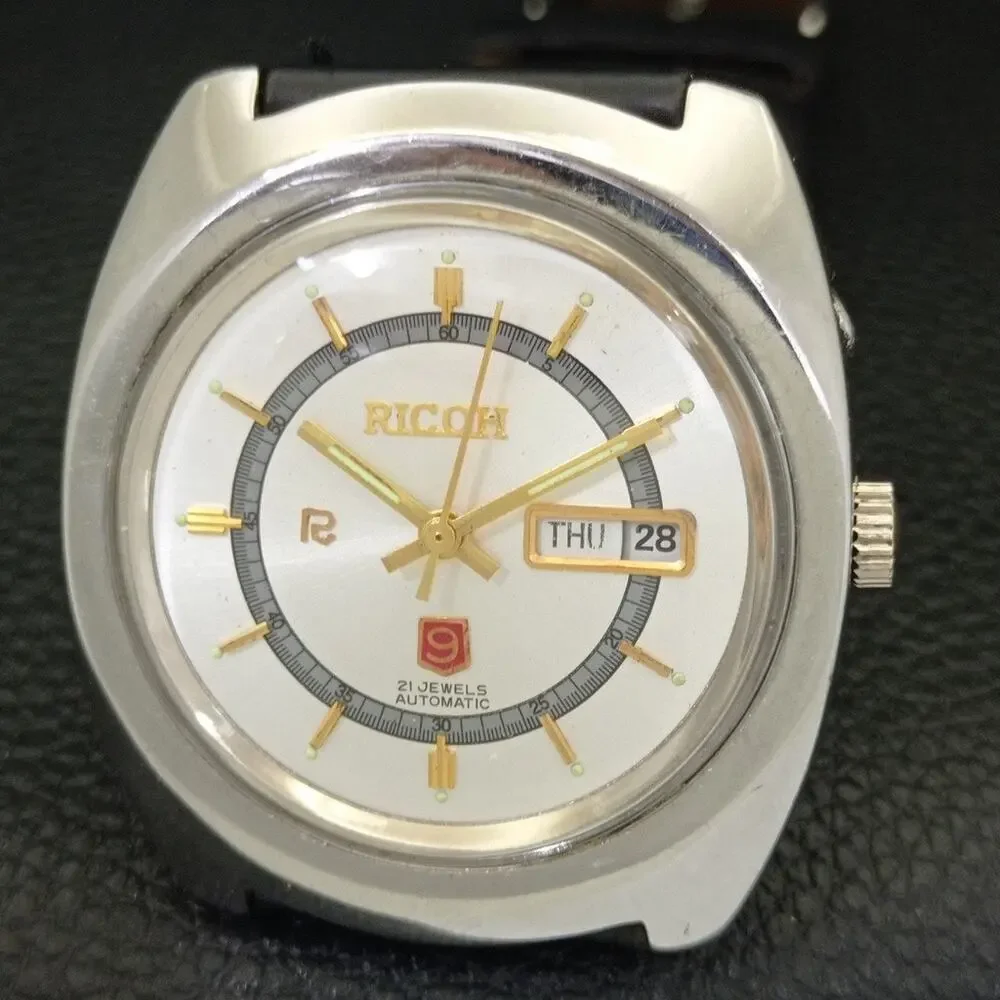 Vintage 1980 Ricoh Automatic Mens Silver Watch W/daydate & Gold accents